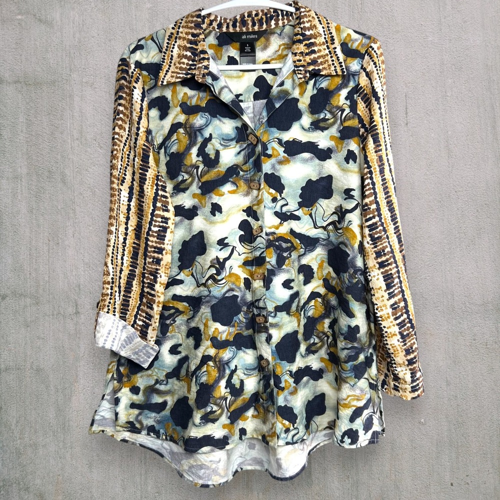 Ali Miles Mixed Print Abstract Tunic Blouse Blue Gold Roll Tab Sleeve Small